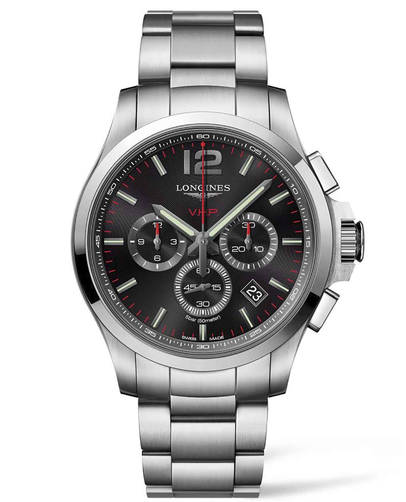 Longines Longines Conquest V.H.P. L3.727.4.56.6  L37274566 кварцевые мужские часы черный циферблат, браслет нержавеющая сталь — вид спереди